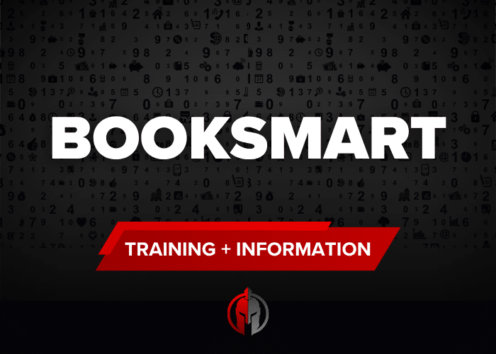 Decorative graphic with a dark background featuring various business-related icons. A bold white ""BookSmart" text is centered above a red banner reading "TRAINING + INFORMATION." The Local Gladiator logo appears at the bottom.