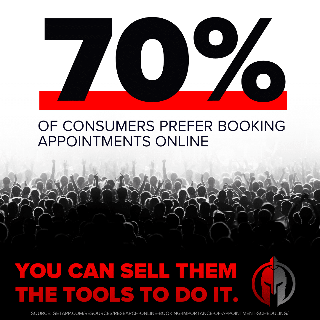 Informative graphic showing “70% of consumers prefer booking appointments online” above a crowd silhouette, with bold text saying “You can sell them the tools to do it.”