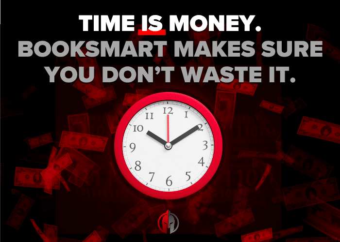 Informative graphic with a clock, falling money, and text reading 'Time is Money. smart makes sure you don’t waste it.' promoting scheduling software. The Local Gladiator logo sits at the bottom of the image.