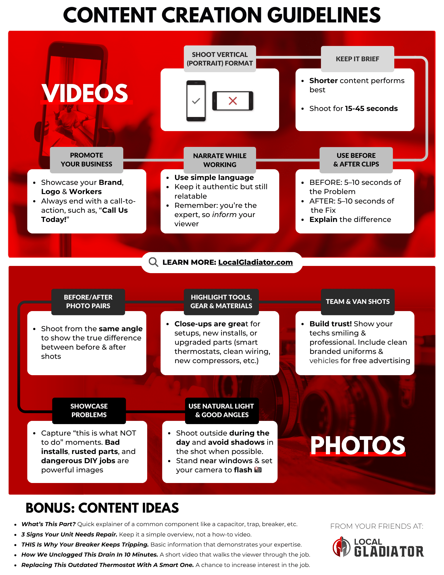 Infographic: video tips—vertical 15–45 s, narrate, before/after; photo rules—same-angle, tools, team, light; bonus ideas. The Local Gladiator logo sits at the bottom.