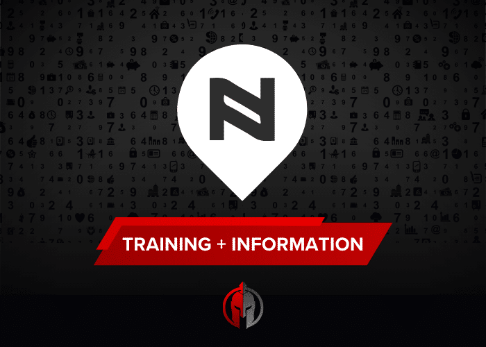 Decorative graphic featuring a black and gray background with various business-related icons. The Nearby Now logo in white sits above centered above a bold red banner reading "TRAINING + INFORMATION." The Local Gladiator logo appears at the bottom.