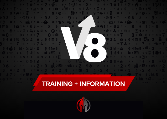 Decorative graphic with a dark background featuring various business-related icons. A bold white "V8" logo is centered above a red banner reading "TRAINING + INFORMATION." The Local Gladiator logo appears at the bottom.