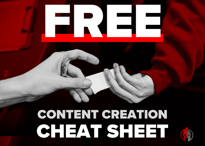 Red-black graphic with large ‘FREE,’ above two hands trading a small note. White text reads ‘Content Creation Cheat Sheet’ below. The Local Gladiator logo sits in the corner.