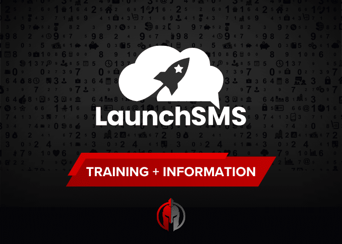 Decorative graphic with LaunchSMS cloud logo and a red banner stating 'Training + Information' over a background of faded numbers and symbols. The Local Gladiator logo sits at the bottom of the image.