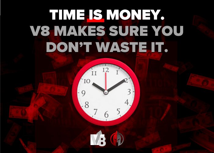 Informative graphic with a clock, falling money, and text reading 'Time is Money. V8 makes sure you don’t waste it.' promoting scheduling software. The V8 logo and the Local Gladiator logo sit at the bottom of the image.