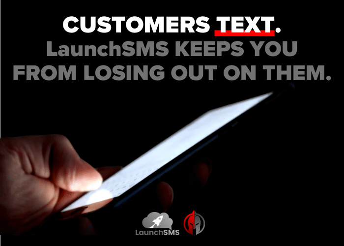 Decorative graphic with a hand holding a glowing phone. The text of the image reads 'Customers text. LaunchSMS keeps you from losing out on them.' The LaunchSMS and Local Gladiator logos sit at the bottom of the image.